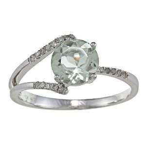  10k White Gold Round Green Amethyst and Diamond Ring (1/8 