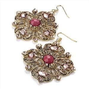  Jeweled Filigree Drop Earrings (Burn Gold & Pink)   7cm Drop Jewelry