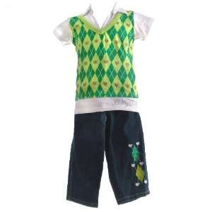 2B Real Infant Little Girl Green Argyle Heart Denim Jean Outfit 12M 6X