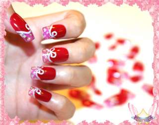 Starsire Pink & Red Acrylic Nails with White Bows +Glue  