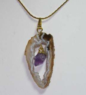 Geode Slice Pendant with Amethyst dangle Gold Plated  