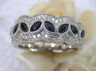  14KT WG MARQUISE SAPPHIRE DIAMOND ANNIVERSARY WEDDING BAND RING  