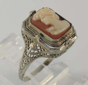 Vintage 14k White Gold Filigree Cameo & Onyx Flip Ring  