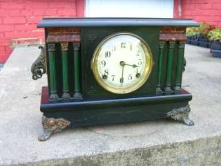 Antique Sessions Black Mantel Column Pillars Shelf Clock    
