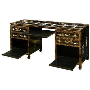 Asian Style Computer Desk   Black Lacquer Mother of Pearl Design 
