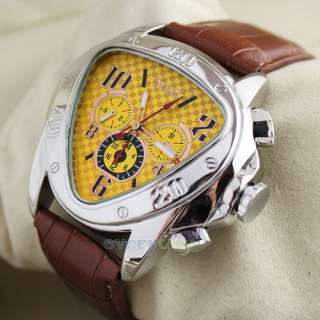   Yellow Dial 6 Hands Mechanical Mens Automatic Wristwatch Brown  