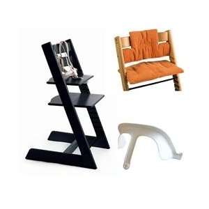   High Chair, Cushion, and Baby Rail   Black with Orange Corduroy Baby