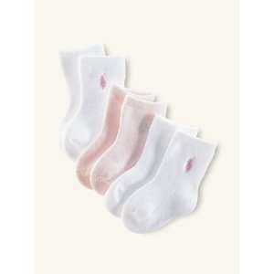 Ralph Lauren Polo Pony Layette 3 Pair White Pink Crew Terry Socks 