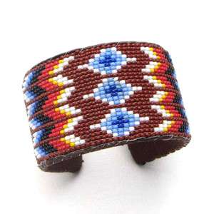 BROWN BLUE RED YELLOW BEADED NATIVE BEADWORK ART CUFF BRACELET LEATHER 