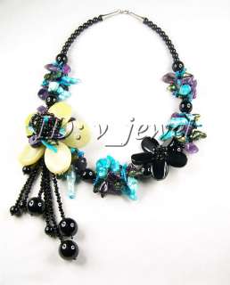   onyx blue and green shell pearl amethyst blue coral hand made flower