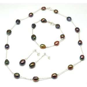  Freshwater Black Pearl Necklace Bracelet & Earring Set 