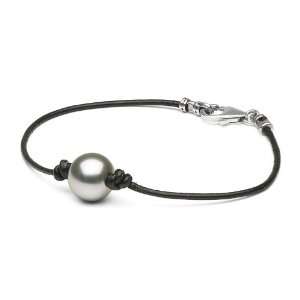 com Black Tahitian Pearl on Leather Bracelet 11.0 12.0mm AAA Quality 