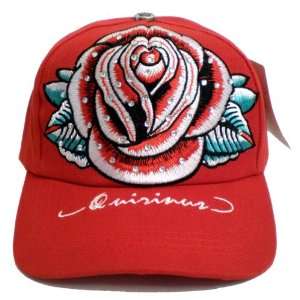 Rose Flower Tattoo Art Red Baseball Cap With Embroidery and Rhinestone 