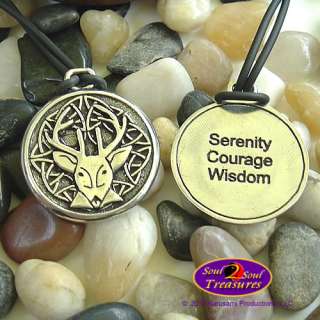 Celtic STAG DEER PENDANT Message Serenity Courage Wisdom Lead free 