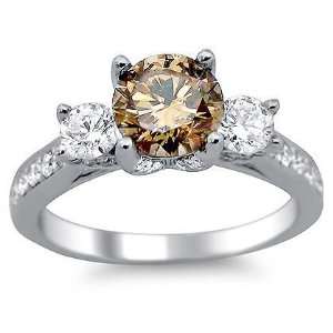   Brown 3 Stone Round Diamond Engagement Ring 18k White Gold Jewelry