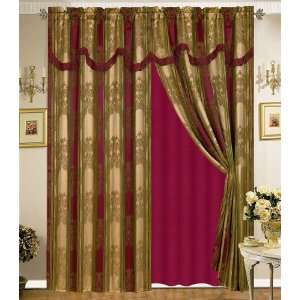  Gold and Burgundy Curtain Set w/ Valance/Sheer/Tassels 