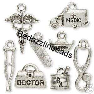 Set 8 Medical Theme Antique Pewter Charms~Nurse Doctor  