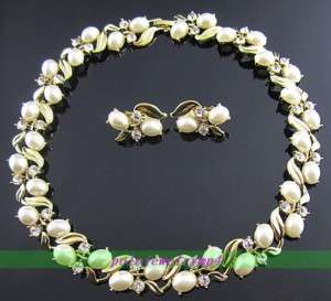 Jewelry Gold Plated W Swarovski crystal pearl choker earring +gift 