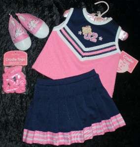 NEW *Cheerleader Outfit*~12 mo~Pink TOP+PLEATED SKIRT+SNEAKERS+HAIRBOW 