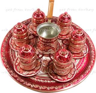 Turkish Coffee & Espresso Set Handmade Crafted Copper Tray Cup Pot 