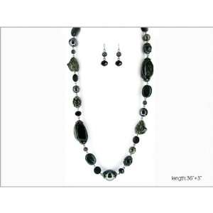 Onyx Beads connected by Dark Silver Tone Chain with Matching Earrings 