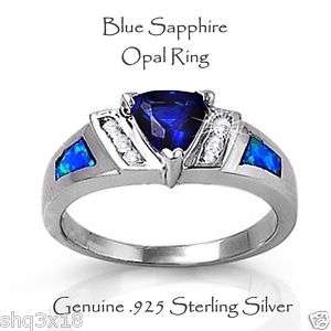 Sterling Silver Blue Sapphire Trillion Cut Opal Ring  