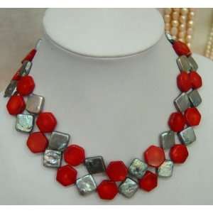 2 Row Square Pearl and Coral Necklace 