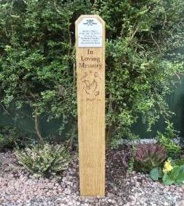 Personalised English Oak Hardwood Memorial Funeral Stake. Dove Design