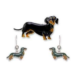   Dachshund Dog Sterling Silver and Enamel Pin & Earring Set Jewelry
