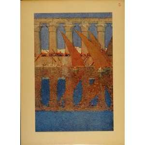 1914 Print Jules Guerin Amenhotep III Temple Luxor Boat   Orig. Tipped 