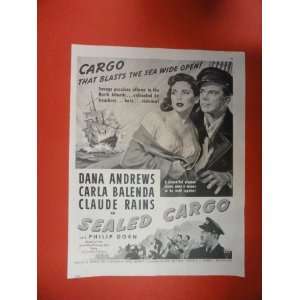 Sealed Cargo movie Print Ad. Dana Andrews,Carla Balenda. Orinigal 1951 