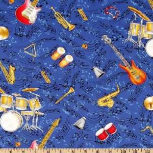  45 Wide Rock On Instruments Blue Fabric By The Yard 