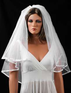 White Bridal Veil with Satin Edge Pearls and Rhinestone Accents 