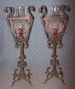 VTG~ TWO GLASS GLOBE CANDLE HOLDERS WITH METAL STANDS  