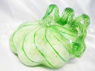 NEW Hand Blown Green Glass Ribbon Pumpkin 5 Inch Harvest  