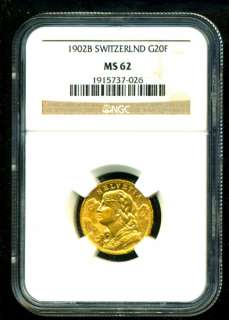 1902 B SWITZERLAND GOLD COIN 20 FRANCS * NGC CERTIF GENUINE GRADED MS 