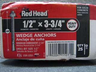 Red Head 11271 1/2 By 3 3/4 Concrete Wedge Anchors 25  