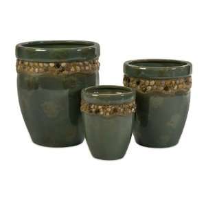 Set of 3 Forest Green Tall Planters with Decorative Rock Mosaic Design 