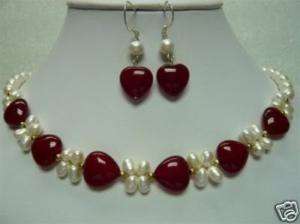 Nobby white cultured pearl & red jade necklace earring  