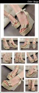 Fashion Women Shoes Coir Mary Jane Summer Stripe Platform Wedge High 