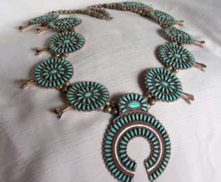 CEREMONIAL ZUNI INDIAN SQUASH BLOSSOM NECKLACE TURQUOISE AND STERLING 