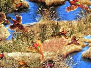   Country Birds Wild Landscape Tree Lake Grass Fabric BTY Nature  