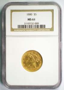 1880 $5 Gold Liberty Coin NGC MS 61  