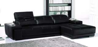 Modern black leather sofa sectional & chaise with trays  