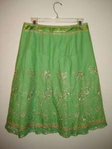 EXPRESS Green Gold Embroidered Eyelet Pleated Skirt 4  