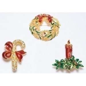   of 36 Christmas Jewelry Candy Cane/Wreath/Candle Shaped Holiday Pins