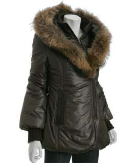 Mackage chocolate zip front Bunny fur trim hooded jacket   