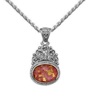 Pink Rhodonite, Gold Leaf and Quartz Pendant Necklace Sterling Silver