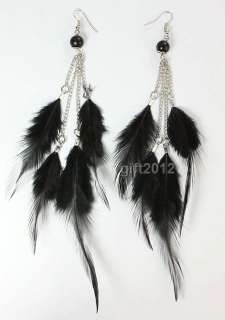   handmade feather plume chain dangle ear hook pierced earrings  