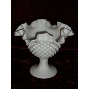  Vintage Fenton Milk Glass Hobnail Ruffled Pedestal Compote 